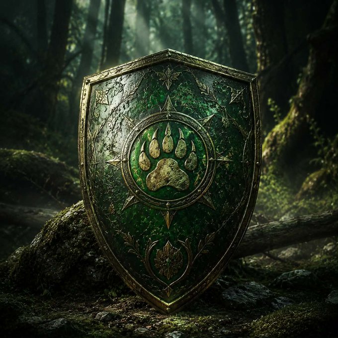 A fantasy-style green and gold shield adorned with a bear paw emblem, resting in a misty, moss-covered forest setting.