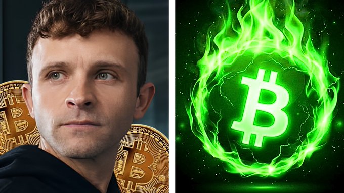 A split image showing a man on the left with Bitcoin coins behind him, and a glowing green Bitcoin logo surrounded by flames on the right.
