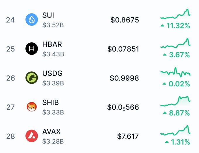 A cryptocurrency market tracker showing rankings 24-28 including SUI ($0.8675, +11.32%), HBAR ($0.07851, +3.67%), USDG ($0.9998, +0.02%), SHIB ($0.0566, +8.87%), and AVAX ($7.6177, +1.31%).