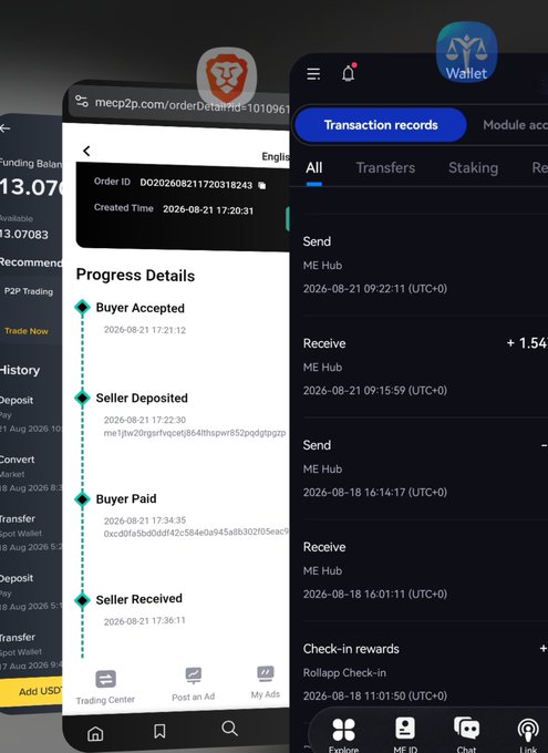Two cryptocurrency app screenshots showing a transaction order progress details from MECP2P and transaction records including sends and receives of ME Hub tokens.