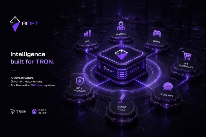 A futuristic purple-themed promotional graphic for 'AINFT' with the tagline 'Intelligence built for TRON,' showing interconnected modules for DeFi, AI Agents, Gaming, NFT Marketplaces, Social Apps, Creative Tools, and DAO & Governance.