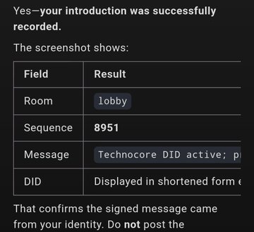 Screenshot confirming a successful introduction recording, showing a table with Room 'lobby', Sequence 8951, Message 'Technocore DID active', and a warning not to post the DID.