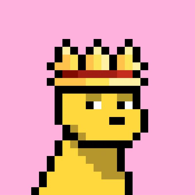 A pixel art illustration of a yellow dinosaur or dragon character wearing a golden crown with red and black accents, set against a pink background.