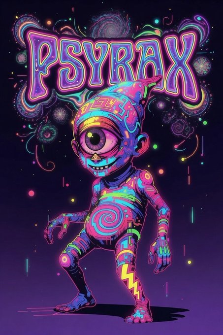 A vibrant psychedelic poster featuring a colorful, alien-like creature with one large eye and a swirling neon pattern body, with the word 'PSYRAX' displayed in glowing text above.