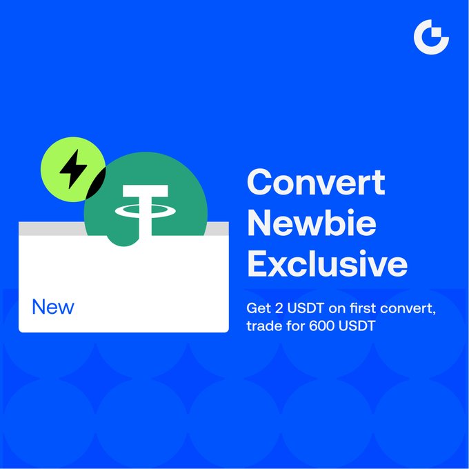 A promotional graphic for a crypto platform offering 'Convert Newbie Exclusive' deals, advertising 'Get 2 USDT on first convert, trade for 600 USDT' with a USDC-to-USDT conversion illustration.