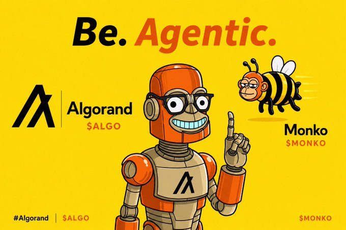 A promotional graphic with a yellow background featuring the text "Be. Agentic." alongside the Algorand logo ($ALGO) and a cartoon robot, paired with a bee-like character labeled "Monko $MONKO".