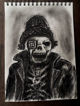 A charcoal sketch in a spiral-bound notebook depicts a skeletal figure wearing a beanie and an "X" over one eye, with an exposed ribcage visible through an open hoodie. The post from @ModeXeth references $WIF (dogwifhat), the meme-inspired memecoin, with the artist thanking RobinWifHat, Inc. for inspiring them to resume creating art, suggesting the haunting skeleton drawing may represent the wear of creative burnout or a return to passion.