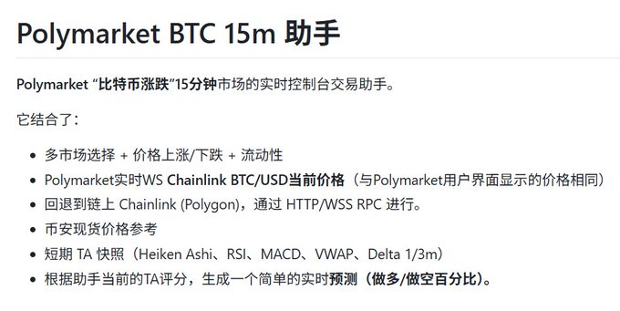 A screenshot showing a Chinese-language project description titled "Polymarket BTC 15m 助手" (Polymarket BTC 15-minute Assistant), which combines multi-market selection, real-time BTC/USD prices via Chainlink, spot price references, and short-term technical analysis (Heiken Ashi, RSI, MACD, VWAP, Delta) to generate simple long/short percentage predictions for Polymarket's Bitcoin price prediction markets. The image relates to the accompanying post about leaked source code, as this appears to be documentation for an arbitrage/prediction bot designed to trade Polymarket's 15-minute BTC up/down markets.