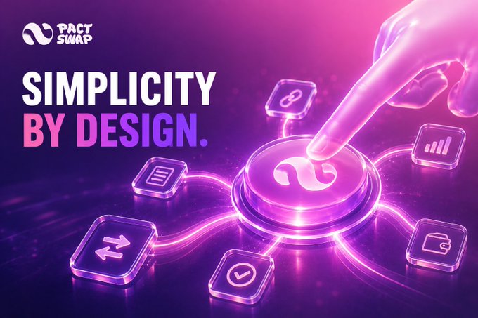 A promotional graphic for 'PACT SWAP' with the tagline 'SIMPLICITY BY DESIGN' in white and pink text against a purple background with various app icons.