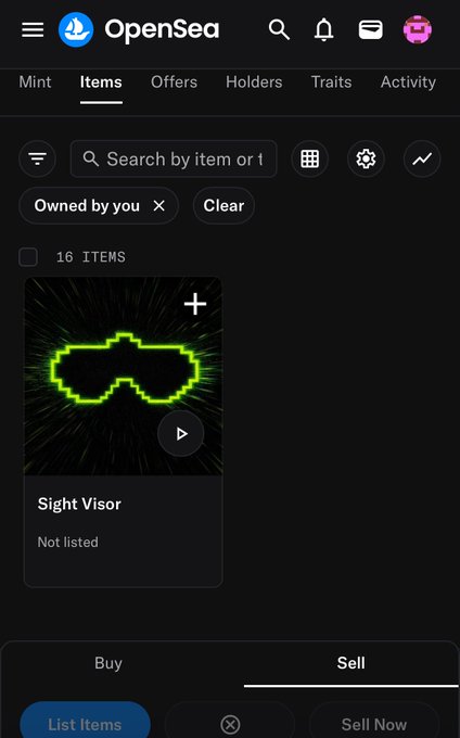 OpenSea mobile app showing an 'Items' tab with 16 items owned by you, featuring a 'Sight Visor' NFT with a green pixelated sunglasses design.