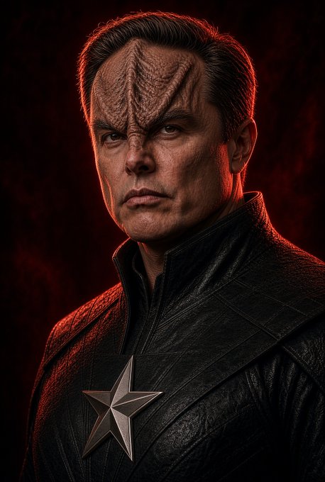 A dramatic portrait of a man with a ridged forehead in a dark leather jacket with a star emblem, lit with red lighting against a dark background.