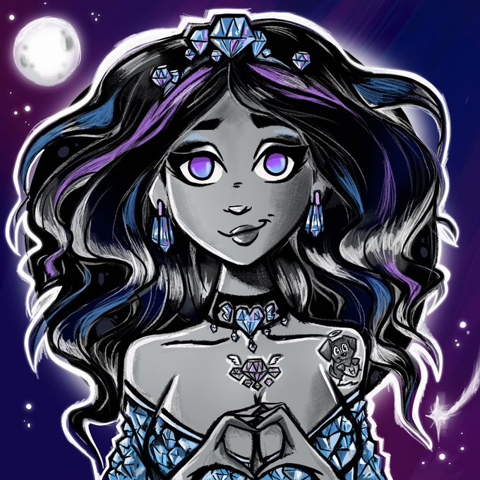 A stylized digital illustration of a dark-haired woman with glowing purple eyes, wearing blue gemstone jewelry and an off-shoulder dress, set against a night sky with a full moon.