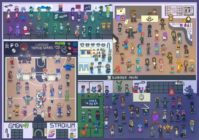 A detailed illustrated map of a virtual world or convention center divided into sections labeled "Stadium," "GMGN," "Summer House," "Locker Trade Series," "Slab," and "Books," populated with numerous cartoon avatars and characters.