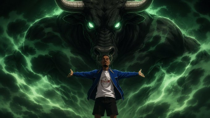 A person in a blue jacket and white graphic t-shirt standing with arms outstretched in front of a large ominous bull/minotaur face emerging from green smoke and clouds.