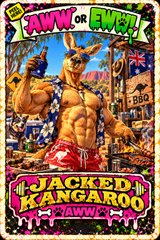 A movie poster featuring a muscular man in red shorts holding a gun against a city backdrop, with the titles 'JAWN OR AWOL', 'JACKED KANGAROO', and 'SAWM'.