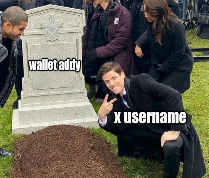 A meme shows a man kneeling beside a fresh grave with a smile, captioned "wallet addy" next to the tombstone and "x username" next to the man, while others mourn in the background.