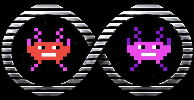 Pixel art of two classic Space Invaders-style aliens, one red and one pink, set within circular metallic frames against a black background.