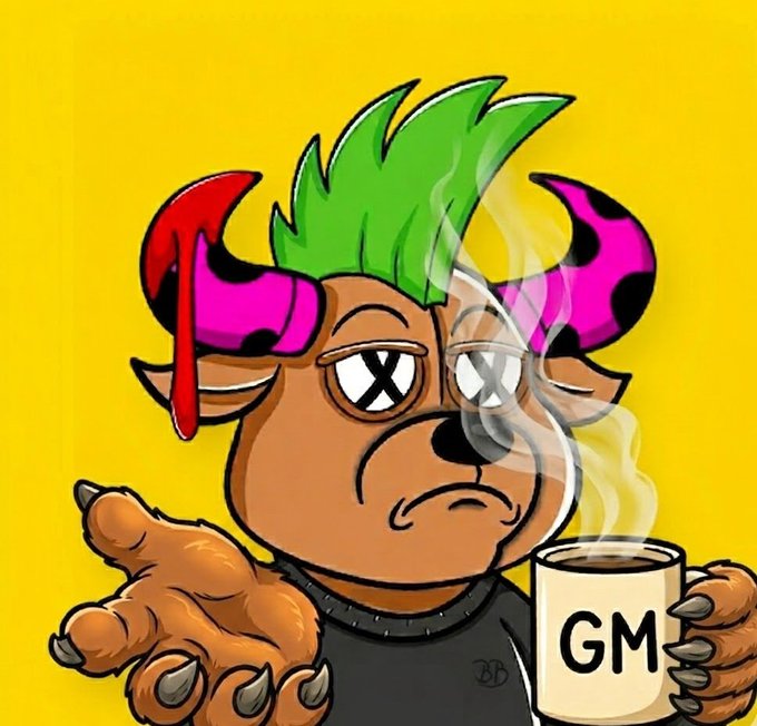 The image features a cartoon depiction of a brown bear holding a coffee cup, with horns and a pink tongue sticking out. The caption below the image reads "GM fam!!! It's the perfect time to join the @SolOnChain family today!! Tap into our growing and evolving ecosystem today". This post seems to be promoting a product or service related to the cartoon character, possibly a coffee maker designed for bears.

The bear is wearing a black shirt with the word GM on it, which could indicate that this image is part of an advertisement campaign for a company named GM. The bear holding the coffee cup and horns adds a playful and engaging element to the post, making it more appealing to potential customers who enjoy cartoon characters or are interested in coffee-related products.