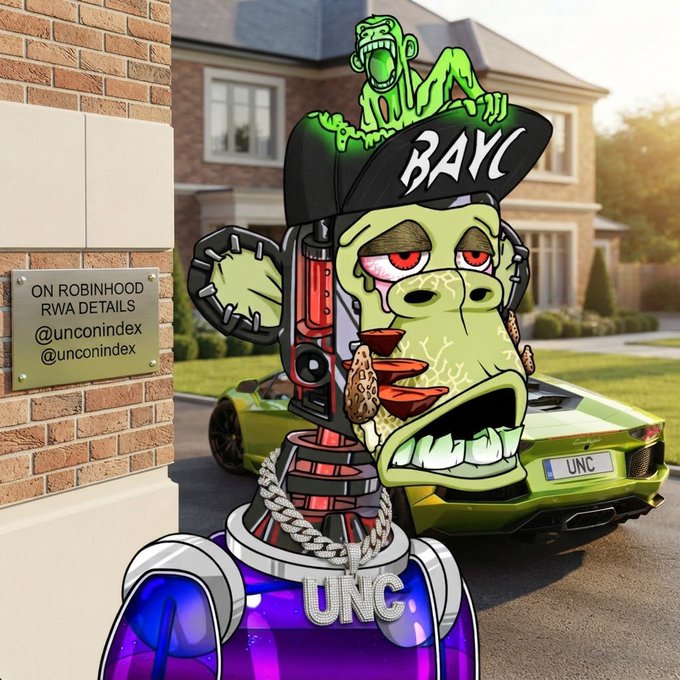 A digital collage featuring a Bored Ape-style character with a 'BAYC' cap and 'UNC' necklace, a small green ape on top, set against a suburban house background with a sports car and a plaque reading 'ON ROBINHOOD RWA DETAILS @unconindex'.