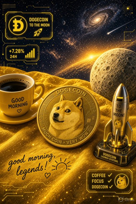 A golden-themed digital illustration features a Dogecoin coin, coffee cup labeled "GOOD MORNING," and a rocket marked "TO THE MOON!" set against a cosmic backdrop with "DOGECOIN TO THE MOON" and "+7.28% 24H" displays, perfectly matching the celebratory $DOGE Saturday morning crypto post.