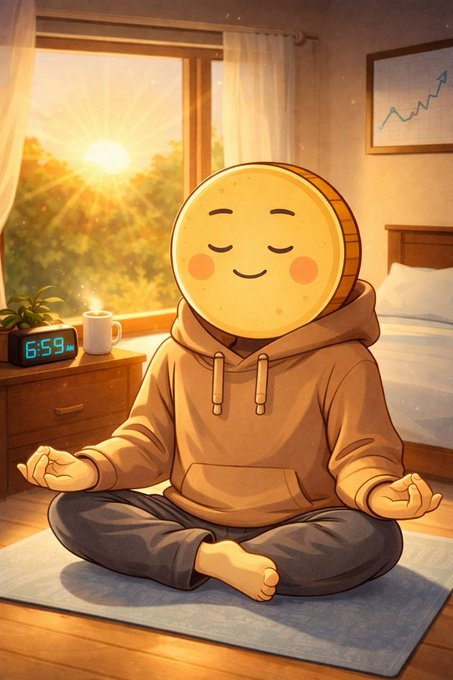 A cozy digital illustration of a character with a coin for a head, wearing a brown hoodie and meditating in a sunlit bedroom with an alarm clock showing '6:59 AM'.