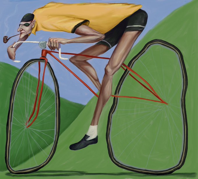 A surreal digital painting depicts a lanky figure in a yellow shirt and black shorts riding a red bicycle with mismatched wheels, smoking a pipe while wearing sunglasses, set against a green hillside background.