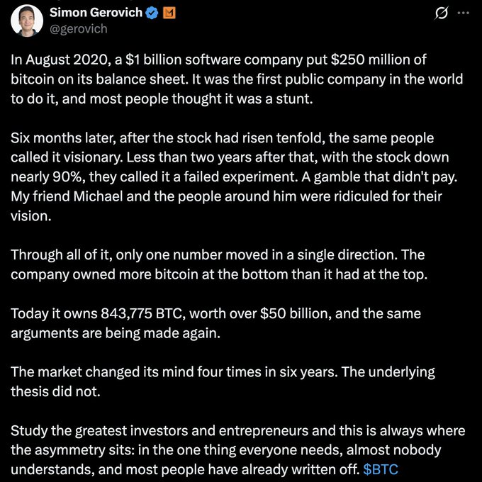 A tweet by Simon Gerovich (@gerovich) discussing how a $1 billion software company first put $250 million of bitcoin on its balance sheet in August 2020 and now owns 843,775 BTC worth over $50 billion.