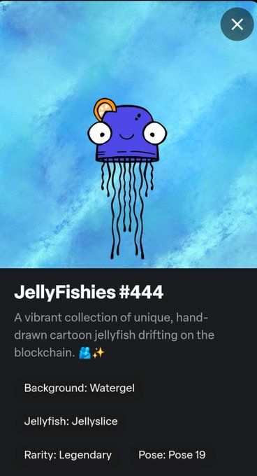 A cartoon jellyfish NFT from the "JellyFishies #444" collection, featuring a purple jellyfish named "Jellyslice" on a "Watergel" background, with rarity marked as Legendary and Pose 19, linked to the launchmynft.io mint page.