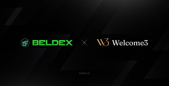 The image is a partnership announcement banner with a dark gradient background, displaying the Beldex logo (green text with a circular icon) on the left and the Welcome3 logo (gold "W3" emblem with text) on the right, separated by a white "X" symbol to denote collaboration. The URL "beldex.io" appears in small text at the bottom, reinforcing the visual message that Beldex has joined the Welcome3 ecosystem, as described in the accompanying post.