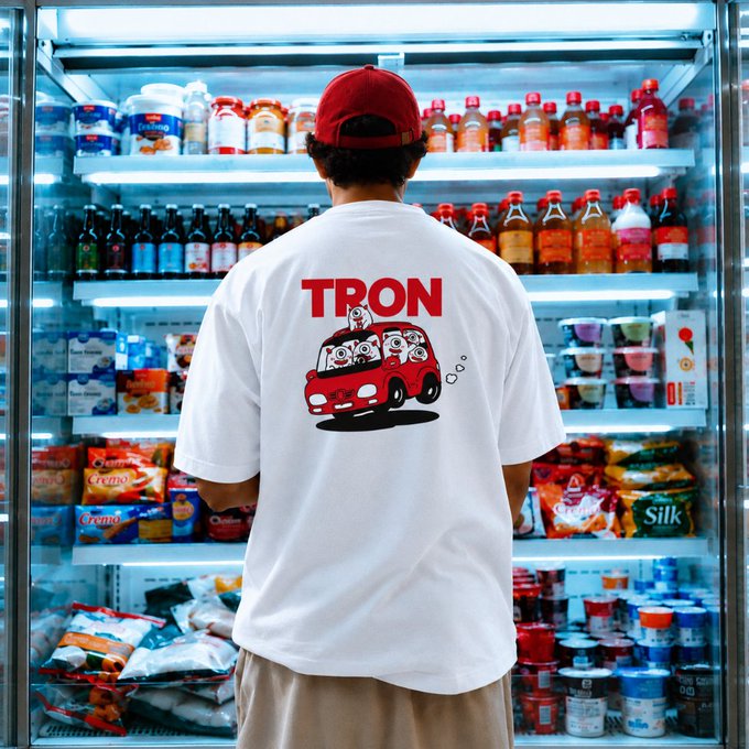 A person wearing a red cap and a white t-shirt featuring a red cartoon car and the word "TRON" stands with their back to the camera, facing a well-stocked refrigerated display case containing various beverages and dairy products.