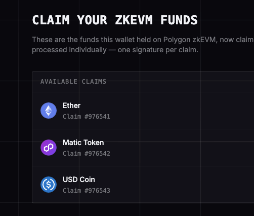 A screenshot titled 'CLAIM YOUR ZKEVM FUNDS' listing available claims for Ether (#976541), Matic Token (#976542), and USD Coin (#976543) from a Polygon zkEVM wallet.