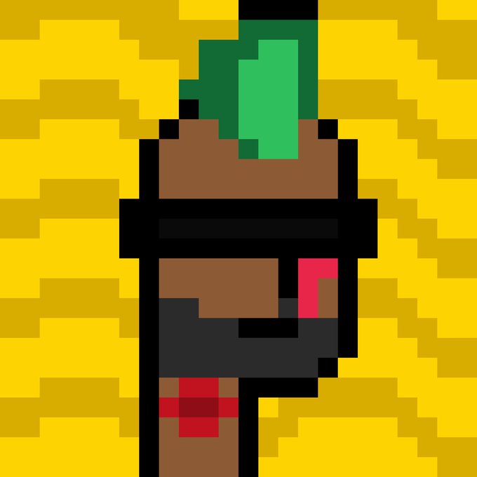 A pixel art image showing a brown cylindrical object with green leaves on top, a black band around the middle, and red accents, set against a yellow blocky background.