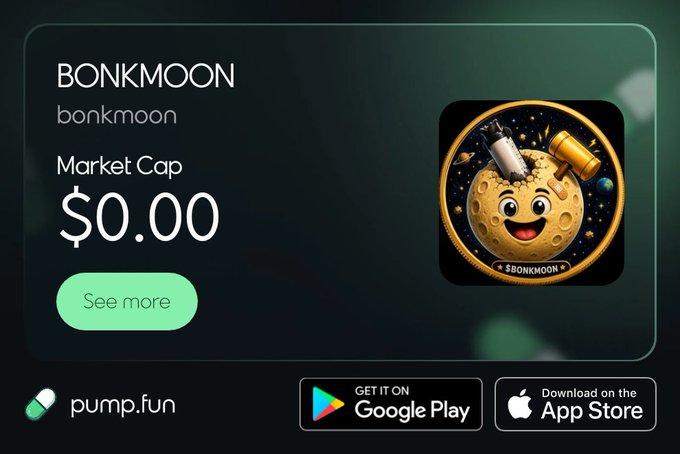 A pump.fun listing page for the meme coin 'BONKMOON' ($BONKMOON) showing a market cap of $0.00, featuring a cartoon moon character with a smiling face and space rocket imagery.