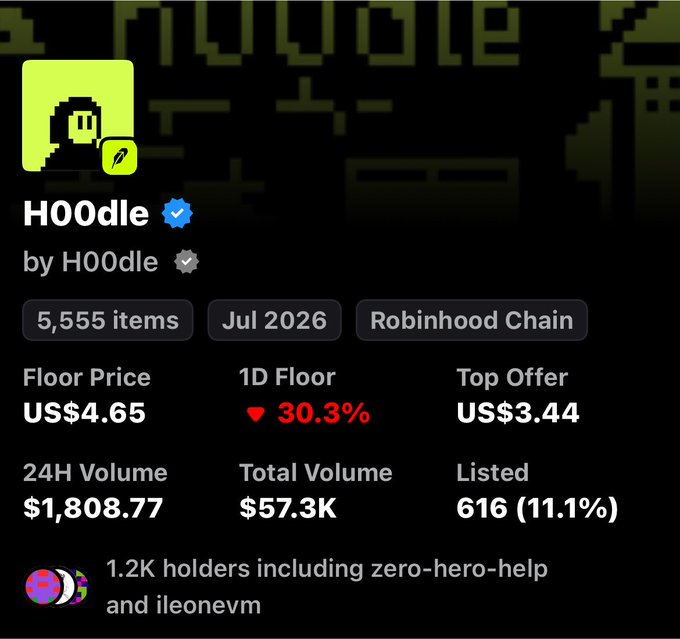 The image shows an NFT collection listing for "HOOdle" by H00dle on the Robinhood Chain, featuring 5,555 items with a floor price of US$4.65 (down 30.3% in 1D), 24H volume of $1,808.77, and 1.2K holders. The listing details support the poster's claim of "proofs of progress," showcasing the collection's real-time metrics and developer activity backing their continued holding.