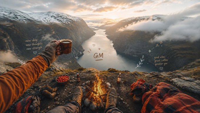 A first-person view of someone holding a cup of coffee by a campfire on a mountain cliff, with hand-drawn text reading 'new day new thoughts new strength', 'GM', and 'good vibes great coffee greater you' overlaid on the scenic fjord landscape.