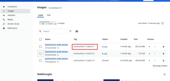A screenshot of a Docker Desktop "Images" page showing four pinetwork/pi-node-docker images, with the entry tagged "community-v1.0-p26.0.1" highlighted in a red box, referencing the upcoming Pi Network V26 update mentioned in the post.