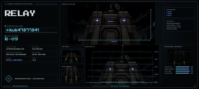 A dark sci-fi HUD interface displaying schematics of a bunker called "RELAY" (R-09), with sections for Front Elevation, Top View, and Section A-A, alongside generator codes and facility class details.