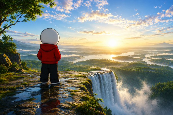 A simple white-headed character in a red hoodie stands on a cliff edge at sunrise, overlooking a vast green valley with a large waterfall.