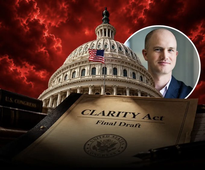 The image shows a dramatic composition featuring the U.S. Capitol dome set against ominous red storm clouds, with a document labeled "CLARITY Act - Final Draft" displayed prominently in the foreground alongside the U.S. Congress seal, and a circular inset photo of Coinbase CEO Brian Armstrong. The visual reinforces the post's message about Armstrong's backup plan, suggesting that legislative progress on the CLARITY Act (crypto market structure legislation) has encountered significant headwinds, prompting Coinbase leadership to prepare alternative strategies.