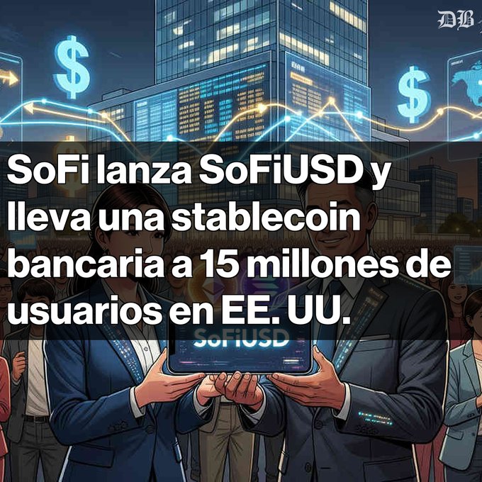 The image features two people standing next to each other, holding up a tablet computer with the text "SoFi Lanza SofiUSD y Llama Una stablecoin bancaria disponible para 15 millones de usuarios en EE. UU." The background of the image is filled with buildings and dollar signs, indicating that they are in an urban setting. This scene is related to a post about the SoFi token, which is being promoted as a stablecoin for Ethereum.