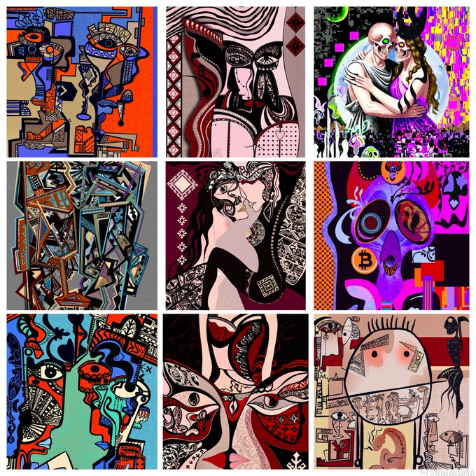 A 3x3 grid of colorful abstract digital artworks featuring stylized faces, figures, and Cubist-inspired designs in vibrant colors.