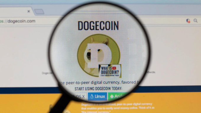 A magnifying glass enlarges the Dogecoin homepage, showing the Shiba Inu logo and the tagline "DOGECOIN" alongside platform options like "Linux" and "Android"—visualizing the coin's enduring online presence even as its market metrics, per the post, show fading price action and reset leveraged bets at much lower levels.