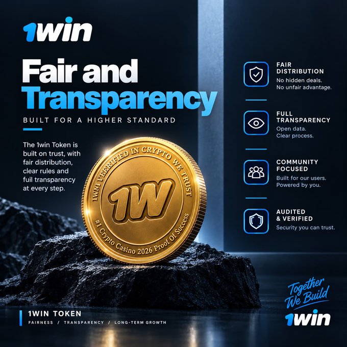 A promotional graphic for '1WIN TOKEN' emphasizing 'Fair and Transparency Built for a Higher Standard,' featuring a gold coin engraved with '1W' and '1WIN Verified in Crypto We Trust,' alongside icons highlighting Fair Distribution, Full Transparency, Community Focused, and Audited & Verified features.