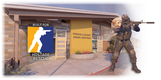 A gaming-related image featuring a 'BUILT FOR HOSTAGE RESCUE' logo alongside a character in tactical military gear holding a golden retriever puppy outside the 'Wakaalu County Animal Services' adoption center.