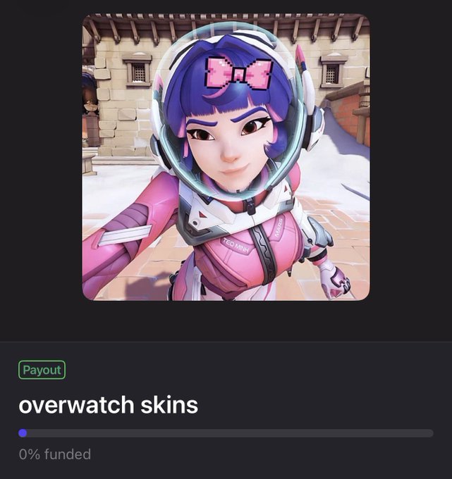 The image shows an Overwatch skin featuring a character in a pink spacesuit with a pixel heart bow on her helmet, displayed above a "Payout" indicator and the title "overwatch skins" showing "0% funded." The post celebrating reaching $300 suggests the creator is using this image as a header for their fundraising campaign, which appears to be just starting as no funds have been collected yet.