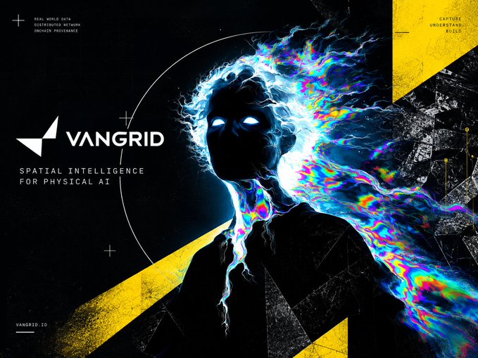 A dark promotional graphic for VANGRID, labeled 'SPATIAL INTELLIGENCE FOR PHYSICAL AI,' featuring a silhouette of a head with glowing eyes and colorful, iridescent energy emanating from it.