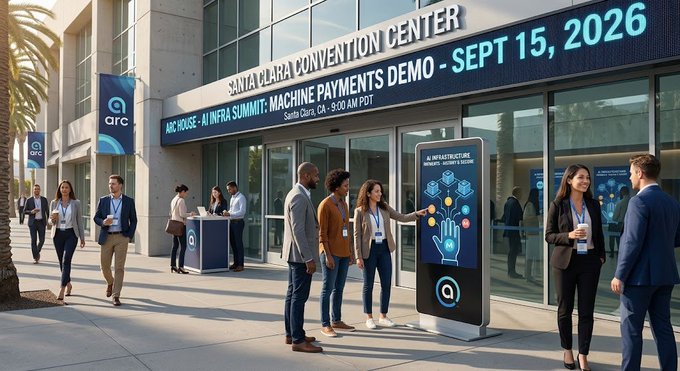 Attendees gather outside the Santa Clara Convention Center for the "Arc House - AI Infra Summit: Machine Payments Demo" on Sept 15, 2026, where Arc is showcasing its AI payment rail designed to enable autonomous agents to settle machine-to-machine transactions with low fees and high throughput.