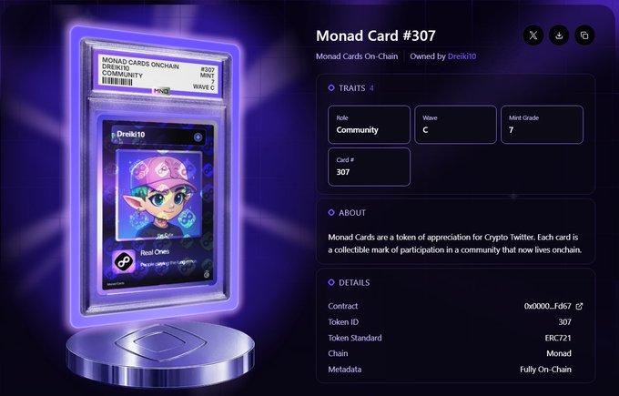 A digital display showcases "Monad Card #307" owned by Dreiki10, featuring a cute pink-hatted character on the card face. The collectible is identified as a Wave C Community card with a Mint Grade of 7, tied to Token ID 307 on the Monad blockchain, celebrating the user's onchain community recognition.