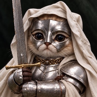 A whimsical portrait of a cat wearing medieval-style plate armor and a white hooded cloak, holding a sword upright with both paws, rendered in a realistic, painterly style.