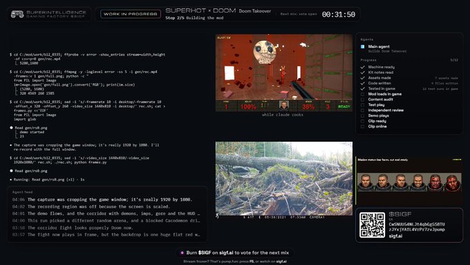 A screenshot of the SUPERHOT x DOOM Twitch stream takeover by Rubbernellence, with a timer at 00:31:50, showing game windows, agent progress, and code running on the left.
